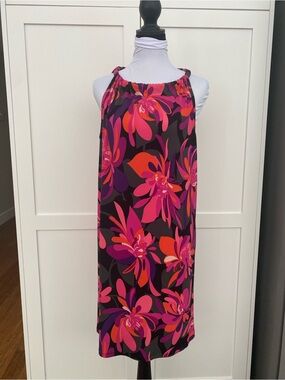 Trina Turk Juju Knit Vibrant Floral Halter Tie Dress Medium Tropical Mod Retro